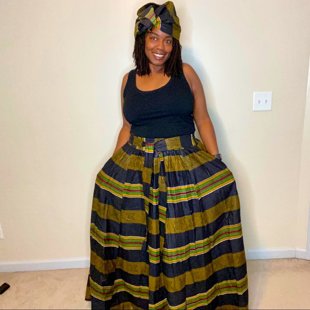 Black, gold, red & green full African maxi skirt with elastic waist and headwrap